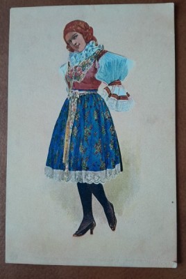 Carte postala, necirculata, desen tanara in costum traditional, perioada interbelica foto
