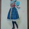 Carte postala, necirculata, desen tanara in costum traditional, perioada interbelica