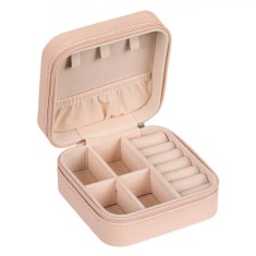 Cutie Organizator Bijuterii, Model Fermoar, Compartimente Catifea, Culoare Roz Nude, Dimensiuni 10x10x5cm