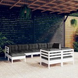 VidaXL Set mobilier grădină cu perne, 9 piese, alb, lemn masiv pin