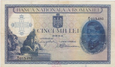 ROMANIA 5000 lei 1931 SUPRATIPAR 1940 SERIE Fractie aVF foto