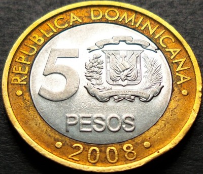 Moneda exotica - bimetal 5 PESOS - REPUBLICA DOMINICANA, anul 2008 *cod 644 foto