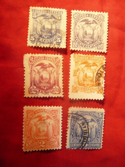 4 Timbre Ecuador -1881 + 2 Timbre 1887 - Stema , stampilate
