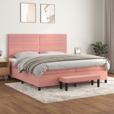 vidaXL Pat box spring cu saltea, roz, 200x200 cm, catifea 3137928 foto