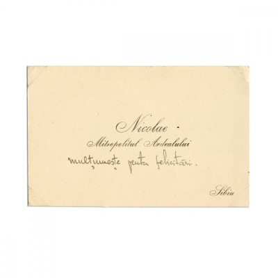 Nicolae Bălan, Mitropolitul Ardealului, carte de vizită cu o &amp;icirc;nsemnare olografă foto