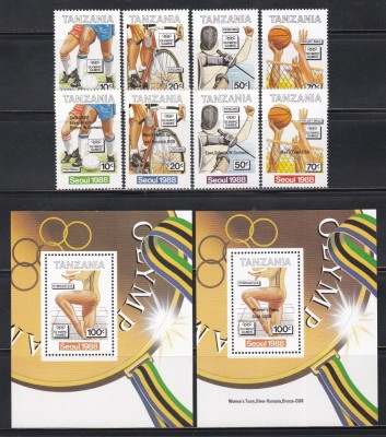 Tanzania 1988 - Jocurile Olimpice &amp;ndash; Seul, 2 Serii + 2 Colite, CU ȘI FĂRĂ SUPRATIPAR, SET COMPLET, MNH foto