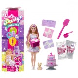 Papusa cu accesorii surpriza Barbie, Party Unboxed, Pet Birthday, JFG70