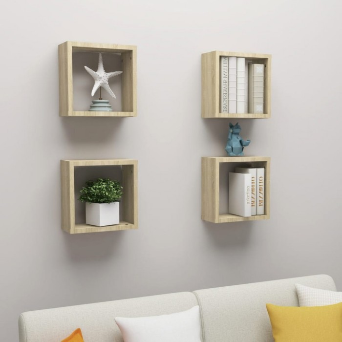 vidaXL Rafturi de perete cub, 4 buc., stejar sonoma, 30x15x30 cm 807008