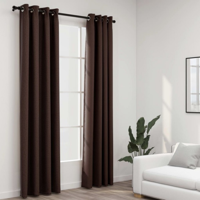 vidaXL Perdele opace, aspect p&acirc;nză, ocheți, 2 buc., taupe, 140x245 cm