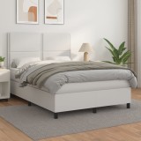 VidaXL Pat box spring cu saltea, alb, 140x200 cm, piele ecologică