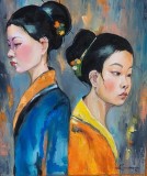 Pictura noua, tablou mare ulei, Japonia-Surori japoneze- pictor roman consacrat, Portrete, Realism