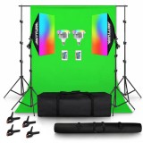 Cumpara ieftin Set studio iluminare cu 2 softbox, 2 becuri 45W RGB , green screen, clame pentru panza, geanta transport, telecomanda