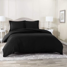Lenjerie de pat pentru o persoana cu husa elastic pat si fata perna patrata, Obscure, bumbac ranforce, gramaj tesatura 120 g/mp, Negru, 3 piese