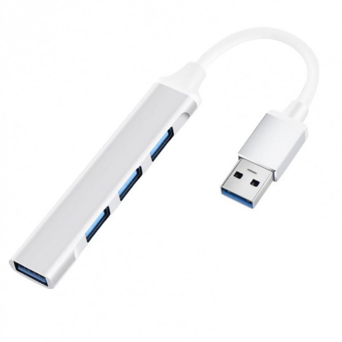 USB HUB Techstar&reg; Diviso, USB 3.0 la 4 x USB 3.0, Aluminium, Compact, Usor, Plug&amp;Play, Argintiu