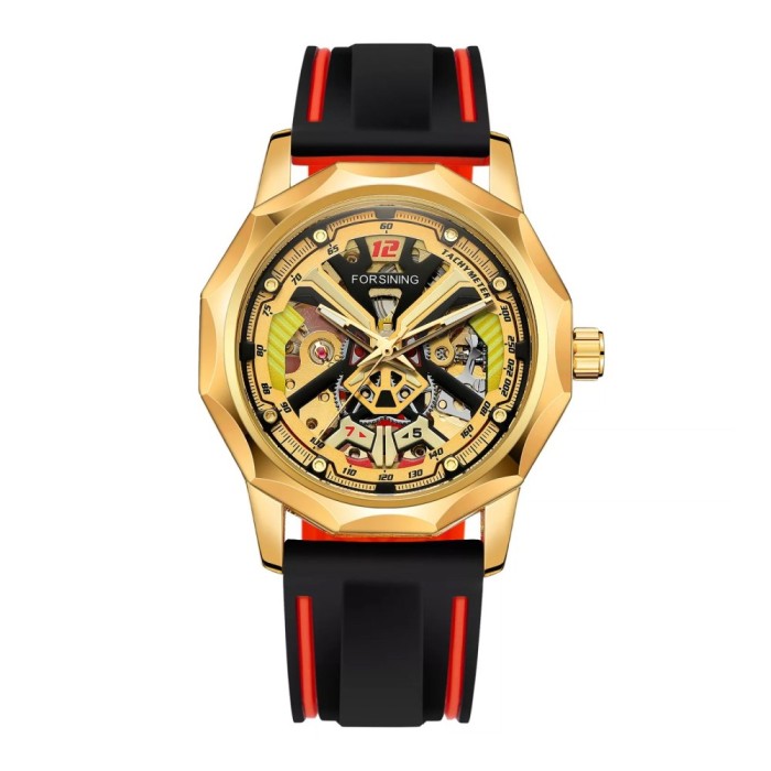 Ceas Barbati Forsining 8284 Negru-Auriu Mecanic , Design Luxury, Functii Multiple, Rezistent la Apa 3ATM