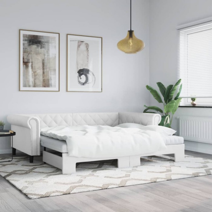 vidaXL Pat de zi cu extensie și saltele alb 90x200 cm piele ecologică 3197728