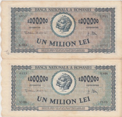 ROMANIA 2 X 1000000 LEI 1947 VF+ VARIANTE DE CULOARE foto