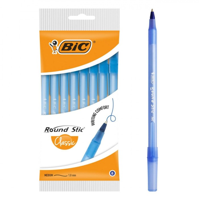 Set Pixuri BIC, Round Stic, 1.0 mm, Corp Transparent Alb, Cerneală Albastră, 8 Bucăți