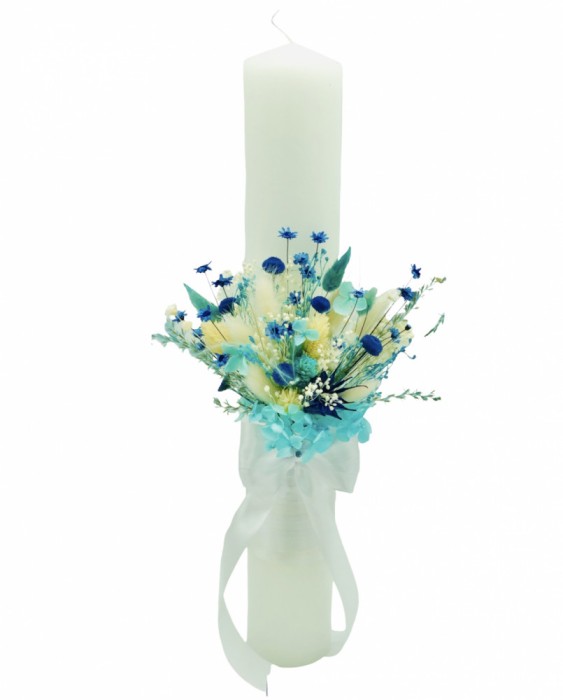Lumanare pentru cununie botez, 30 cm, cu flori criogenate si plante naturale uscate (personalizabila cromatic si cu text)