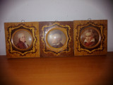 3x Tablou miniatura rama lemn sticla curbata Beethoven Mozart Wagner Suedia