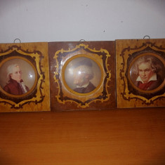 3x Tablou miniatura rama lemn sticla curbata Beethoven Mozart Wagner Suedia