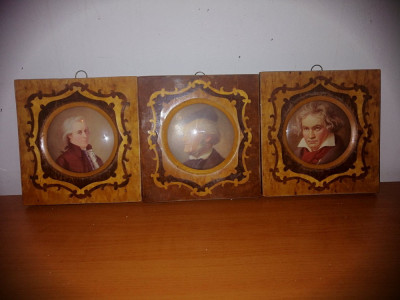 3x Tablou miniatura rama lemn sticla curbata Beethoven Mozart Wagner Suedia foto