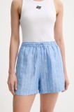 Samsoe Samsoe pantaloni scurți din in MAREN culoarea verde, uni, high waist, F23900001