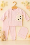 Cumpara ieftin Costumas bebe roz din bumbac fin cu ursulet &ndash; 3 piese, confort si stil pentru