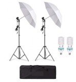 Cumpara ieftin Kit de 2 umbrele albe, 2 trepiezi reglabili 200 cm, 2 becuri 85W, geanta de transport inclusa