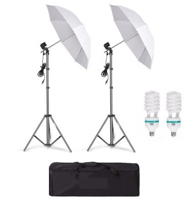 Kit de 2 umbrele albe, 2 trepiezi reglabili 200 cm, 2 becuri 85W, geanta de transport inclusa foto