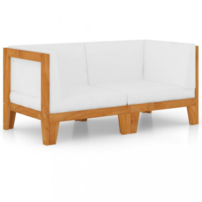 Canapea cu 2 locuri cu perne alb crem, lemn masiv de acacia foto