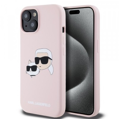 Husa MagSafe pentru Apple iPhone 15, Karl Lagerfeld, Silicone Karl &amp;amp; Choupette&amp;#039;s Heads, Roz foto