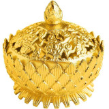 Vasul Abundentei, obiect feng shui cu lotus si 8 simboluri norocoase, pentru atragerea banilor, set cu ghid zodiacool, metal auriu
