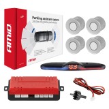 Set senzori parcare MAX LED AMiO, 4 senzori argintii, afisaj LED cu buzzer, 12V, raza 0-2,5 m, 40KHz, diametru montaj 22 mm, cod 02288