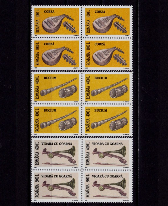 RO 2003 LP 1619 &quot;Instrumente muzicale populare&quot; , serie bloc de 4, MNH