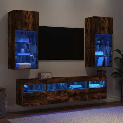 vidaXL Unități de perete TV cu LED-uri, 5 piese, stejar fumuriu, lemn foto