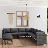 Set Mobilier Gradina Poliratan Gri, 9 Piese, Perne Incluse, Canapea Colt/Mijloc/Taburet