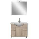 Set Mobilier Baie Bianca Prime 85 Stejar Sonoma cu Oglinda si Chiuveta Ceramica - Vertex