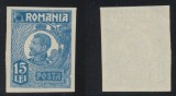 ROMANIA 1921-22 Ferdinand bust mic eseu rar nedantelat 15 Lei albastru