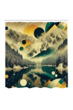 Perdeauă de duș cu lac, scenă ornamentală cu apă cețoasă, cercuri și triunghiuri geometrice, păduri &icirc;ntunecate, material textil cu c&acirc;rlige, 70" x 79",
