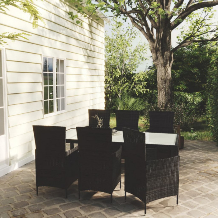 vidaXL Set mobilier de exterior cu perne, 7 piese, negru, poliratan