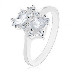 Inel cu braţe strălucitoare, culoare argintie, zirconii transparente rotunde şi în formă de bob - Marime inel: 57