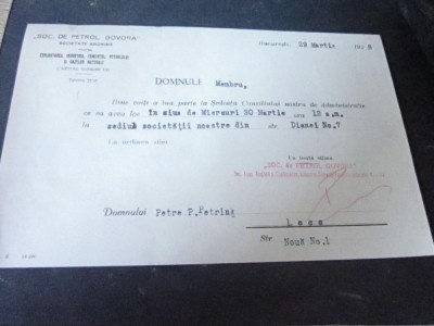 invitatie la sedinta actionarilor la soc de petrol govora an 1940 foto
