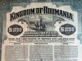 $1000 Dolari Aur 1922 Titlu de Stat Romania Obligatiune neincasata la purtator cu cupoane si dobanda