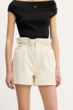 Tommy Jeans pantaloni scurți culoarea bej, uni, high waist, DW0DW21656