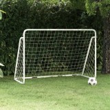 Poarta Fotbal vidaXL, 180x90x120cm, Otel, Alba, Plasa Poliester, Rezistenta Intemperii, cu Tarusi Fixare