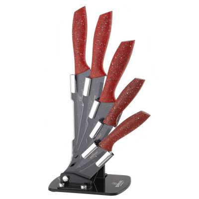 Set de cuțite Bohmann BH 5256, 5 bucăți, finisaj marmură, suport din acril, roșu foto