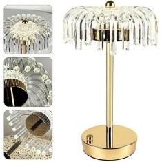 Veioza de masa, decorativa, 3 culori, reincarcabila, vintage, fara fir, 1200 mAh, control tactil, lampa de cristal tip meduza, transparent