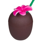 Pahar Plastic 3D, Forma Nuca de Cocos, Capacitate 0,65 L, Pai Verde, Cu Floare Fucsia, Oem