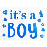Sticker autocolant, flippy, tematica gender reveal, model scris it&#039;s a boy, 19.5x27.5 cm, albastru